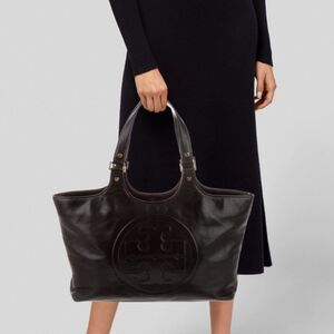 Tory Burch $450 Bombe Leather Logo Tote Bag Black Gold Details